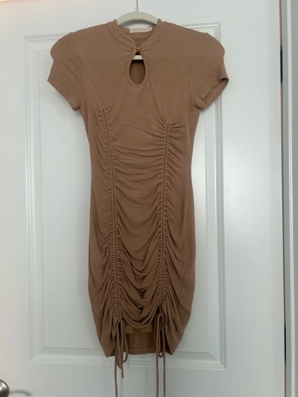 The Blossom Apparel Tan Ruched Keyhole Mini Dress